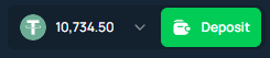 A screenshot of a balance on FortuneJack showing 10,734.50 USDT alongside a green "Deposit" button, visually confirming the $10k win mentioned in the celebratory tweet.