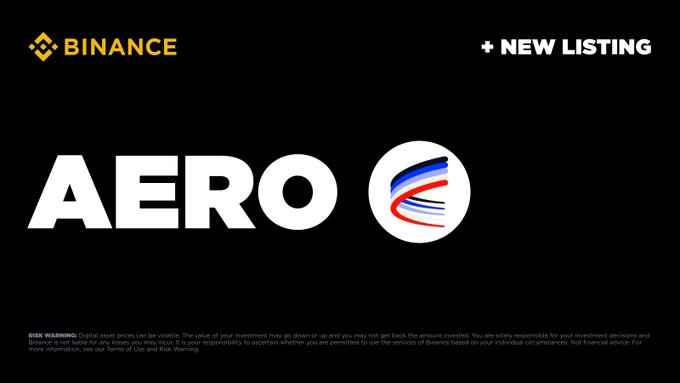 A promotional Binance graphic announcing a new listing for Aerodrome ($AERO), featuring the Binance logo, "+ NEW LISTING" text, the AERO ticker, and the Aerodrome circular emblem against a black background, with a risk warning disclaimer at the bottom. The image visually reinforces the post's announcement of AERO's upcoming listing on Binance with a Seed Tag.