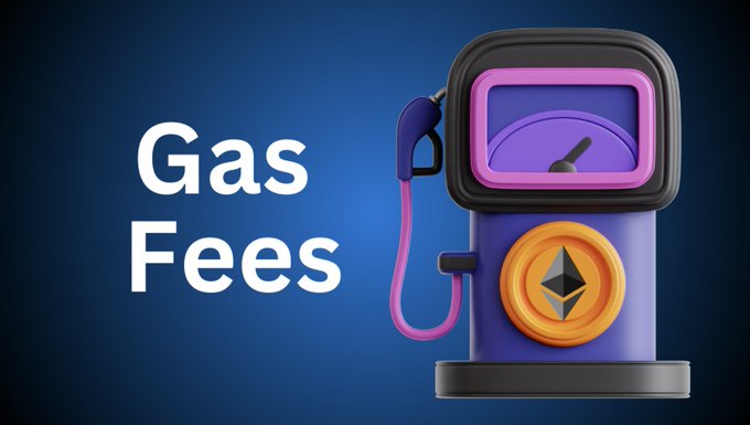 A digital illustration of a purple and pink gas pump featuring the Ethereum logo on a gold coin, accompanied by the text 'Gas Fees' on a dark blue background.