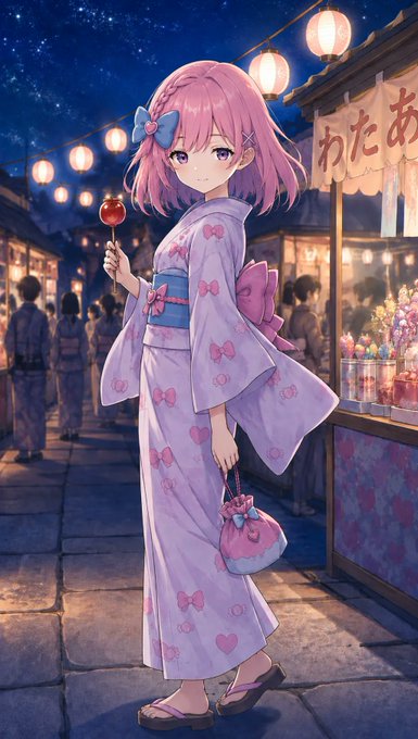 An anime illustration of a girl in a pink kimono with bow patterns holding a candied apple at a Japanese festival with lanterns.