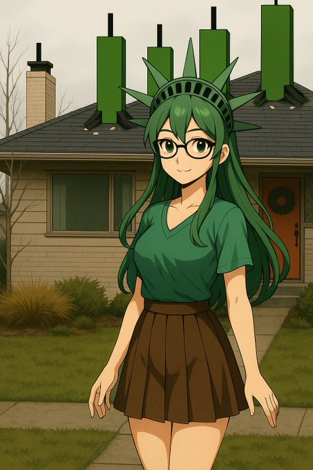 A confident anime-style woman with green hair and a Statue of Liberty-style crown stands in front of a suburban house adorned with cell tower antennas on the roof, symbolizing connectivity and decentralized network growth. The image, paired with the post about PulseChain builders returning to launch their apps, visually represents the expanding "signal strength" and bright future of the PulseChain ecosystem.