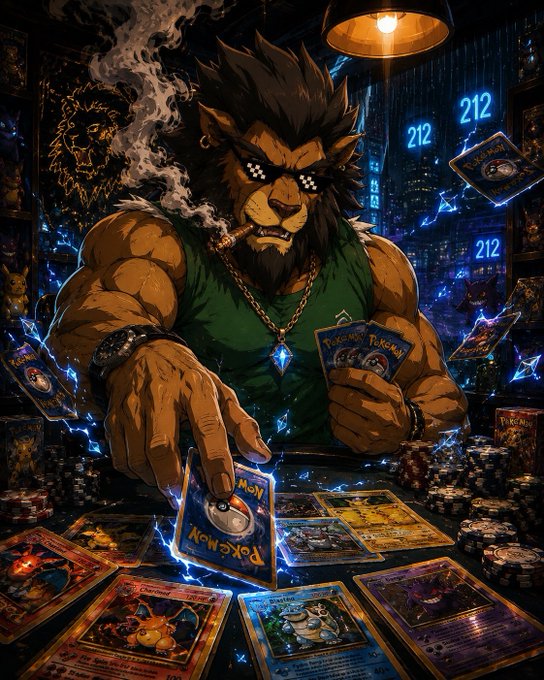 An illustrated scene of an anthropomorphic lion with glowing eyes wearing a green tank top, smoking a cigar while surrounded by floating Pokémon trading cards and stacks of chips.