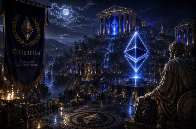 A digital artwork depicts an ancient, moonlit city with a glowing blue Ethereum logo monument at its center, accompanied by a banner reading 'ETHEREUM CODE IS LAW CULTURE IS POWER' and a statue holding 'THE BOOK OF ETHEREUM'.