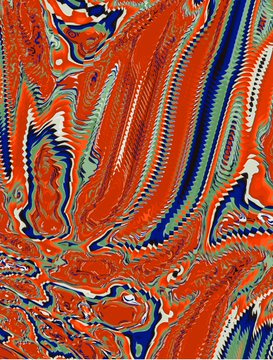 An abstract marbled pattern featuring swirling red, blue, green, and white colors with intricate, feather-like details throughout.