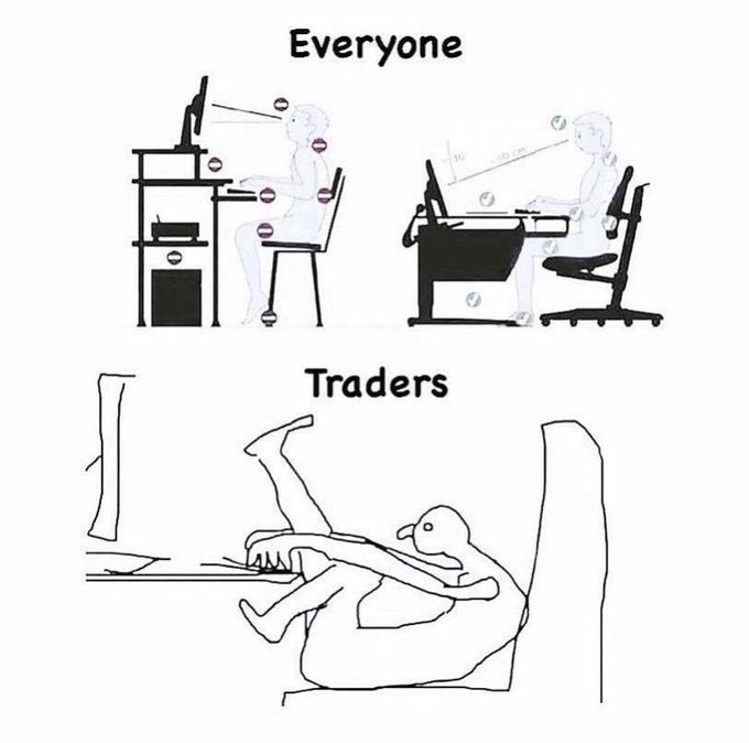 A meme illustration comparing 'Everyone' (shown properly sitting at their desks with monitors) to 'Traders' (depicted as a figure in an absurd, contorted position while using a keyboard).