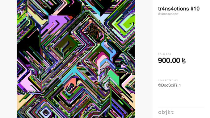 A vibrant digital artwork titled "tr4ns4ctions #10" by @kimasendorf, featuring geometric glitch-like patterns in neon colors, displayed as sold for 900.00 on the objkt platform.