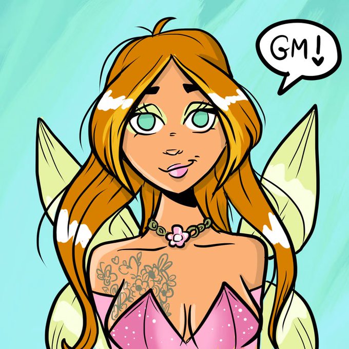 A fairy with flowing orange hair, green eyes, and decorative wings greets viewers with a smile, with a speech bubble reading "GM!"—perfectly matching the cheerful "Gm gm! Happy @MetaVixensNFT Monday!" message.