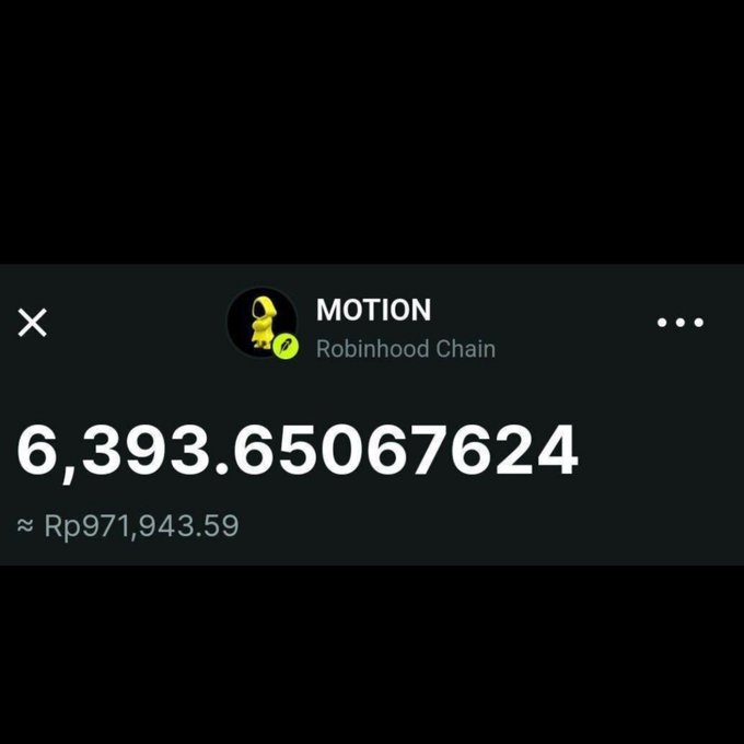 A cryptocurrency wallet screen displaying a balance of 6,393.65067624 MOTION tokens (Robinhood Chain), valued at approximately Rp971,943.59.