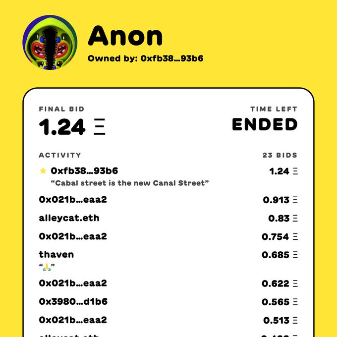 An NFT auction listing for 'Anon' owned by 0xfb38...93b6, which ended with a final bid of 1.24 ETH after 23 bids, with the top comment reading 'Cabal street is the new Canal Street'.