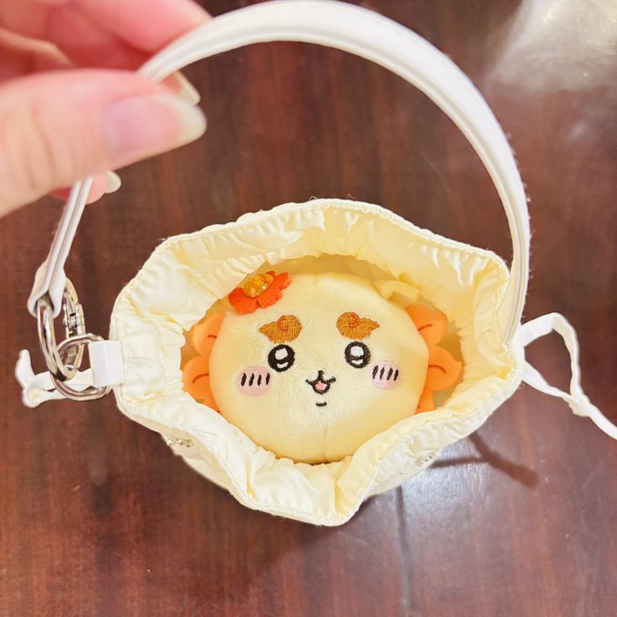 A hand holds a small yellow drawstring pouch containing a cute round shisa (シーサー) plush charm with a smiling embroidered face, pink cheeks, and an orange flower accessory on its head. The caption describes how the pouch fits the "magical mascot" plush perfectly for outings, allowing the adorable shisa to make eye contact every time the bag is opened.