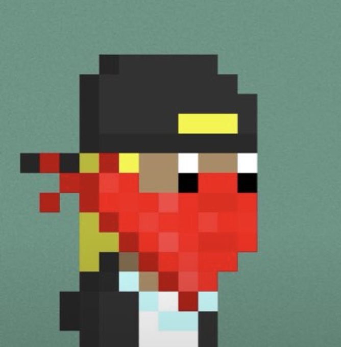 A pixel-art character image showing a figure with a black hat, red pixelated scarf/mask, and yellow accents against a teal background.