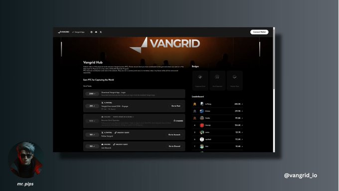 A webpage screenshot of the 'Vanggrid Hub' featuring a dark-themed interface with various quests, a badge section, and a leaderboard. The Vangrid logo is at the top, and watermarks for @mr.pips and @vangrid_io appear at the bottom.