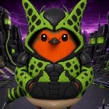 A pixelated, crocheted-style orange character wearing green and black armor with spiked accents stands before a dark sci-fi cityscape, embodying the nostalgic, collectible aesthetic of an NFT minted on RobinHood Chain.