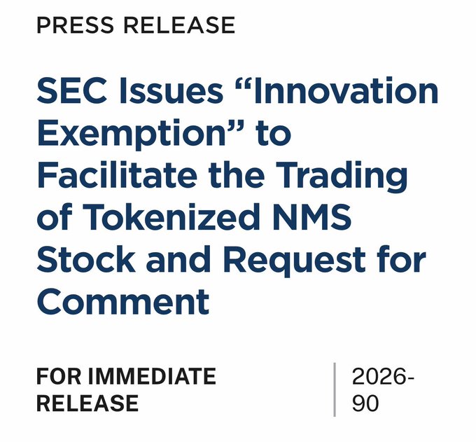 A press release header reading 'PRESS RELEASE' announces 'SEC Issues "Innovation Exemption" to Facilitate the Trading of Tokenized NMS Stock and Request for Comment,' marked 'FOR IMMEDIATE RELEASE' and dated '2026-90.'