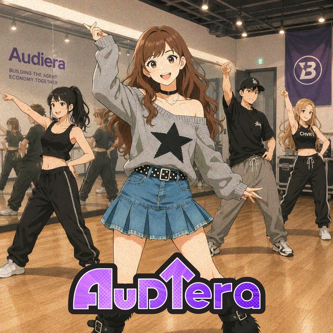 Anime-style promotional artwork for 'Audiera' with the tagline 'BUILDING THE AGENT ECONOMY TOGETHER', featuring a girl in a star sweater and denim skirt dancing in a studio with other dancers.