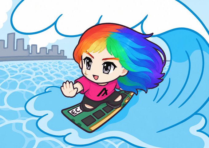A cheerful chibi-style cartoon character with long rainbow-colored hair surfs on a wave while riding a computer circuit board/graphics card as a surfboard. The text "EC" appears on the front of the surfboard.