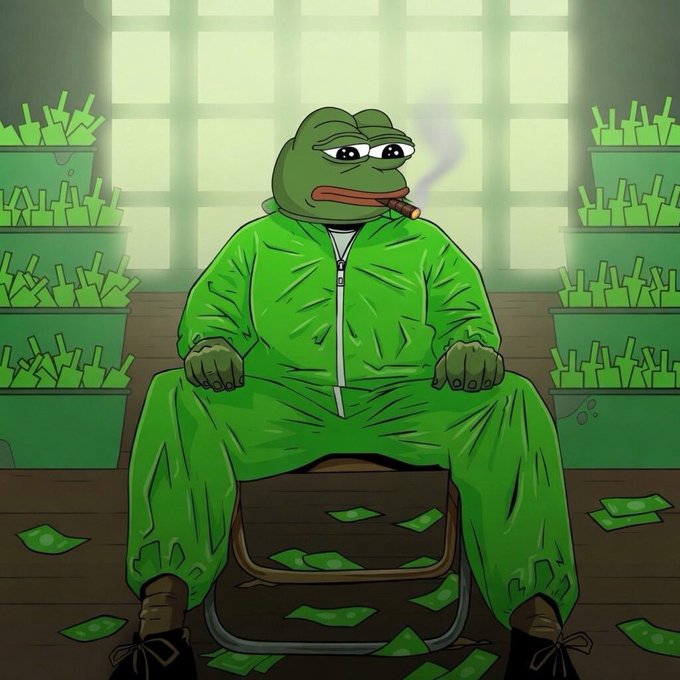 A cartoon illustration of a green Pepe the Frog character wearing a green tracksuit, smoking a cigar, and sitting on a chair surrounded by containers overflowing with green banknotes.