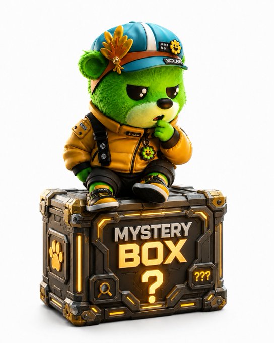 A 3D-rendered green bear character wearing a yellow jacket and blue cap, sitting on a glowing crate labeled 'MYSTERY BOX ?' with question marks and a paw print icon.