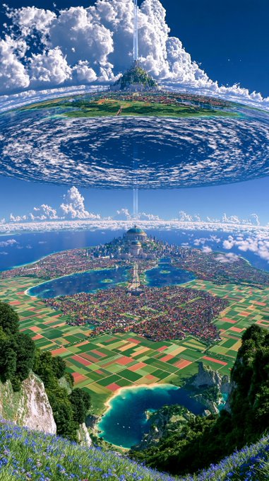A fantastical digital artwork depicting a floating world or miniature planet hovering above a landscape of fields, lakes, and cities.