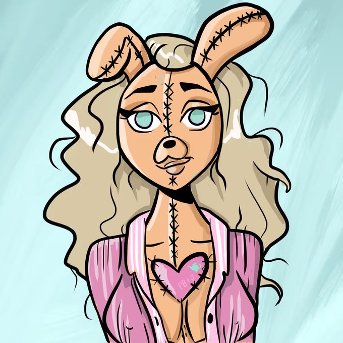 A cartoon illustration of a character with bunny ears, blonde hair, and visible stitched seams, wearing a pink jacket.