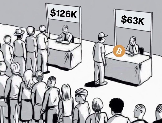 A cartoon depicting a job fair scene where people queue at a booth offering $126K while a lone applicant stands at a Bitcoin booth offering only $63K.