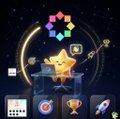 A small, dark game interface showing a star trophy icon surrounded by colorful hexagonal shapes, with smaller icons including a grid, target, flame, and rocket at the bottom.