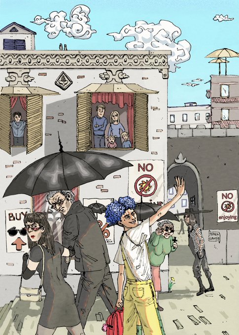 A colorful illustration depicts a busy street scene with various characters, including a woman with a black umbrella, a person holding up a phone to take a photo, and signs that read 'NO' and 'SPELUN RISK'.