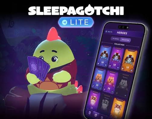 This is a promotional image for the mobile game "Sleepagotchi Lite," featuring a green, dragon-like cartoon character with a red mohawk holding a fan of purple glowing cards, set against a dark, mystical forest background. On the right side, a smartphone displays the game's "Heroes" collection screen, showcasing various unlockable character cards with level indicators showing numbers like 18, 26, 20, 22, and 25. The accompanying post discusses how Sleepagotchi is evolving from a simple sleep-tracking app into a broader intellectual property (IP), which the image visually reinforces by highlighting the game's collectible hero system—a key feature that supports building an expandable digital universe.