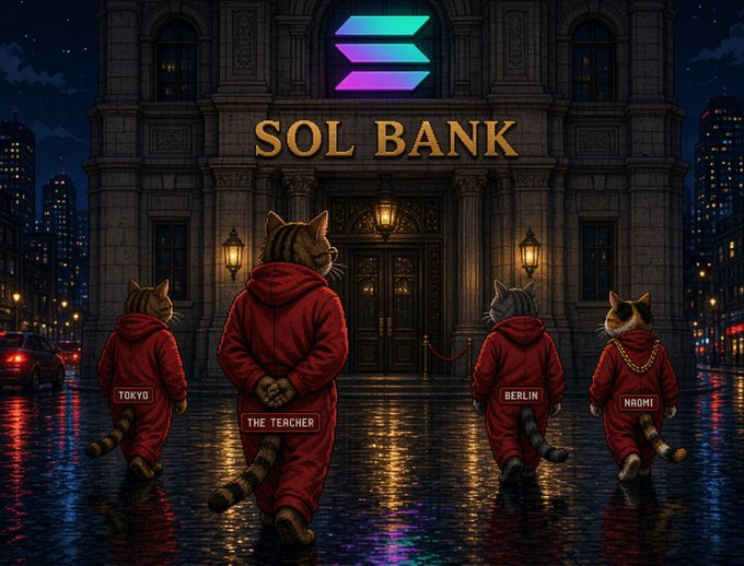 A digital illustration of four cats in red hooded outfits labeled 'TOKYO', 'THE TEACHER', 'BERLIN', and 'NAOMI' approaching a grand building with a glowing Solana logo and 'SOL BANK' text.
