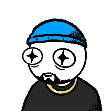 The image features a cartoon character wearing a black shirt with a gold chain around their neck. The character has a blue hat, a beard, and large eyes that are looking directly at the camera. The background of the image is white, which makes the colorful elements stand out even more. There is no text present in the image, but it appears to be related to the post about NFTs or the founder of the project.