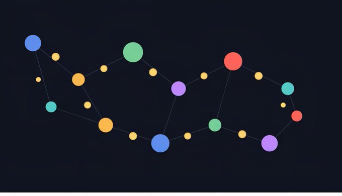 An abstract digital graphic featuring a network of colorful circles connected by thin lines against a dark background.