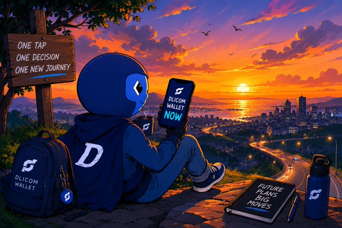 The image features a cartoon character wearing a blue jacket, sitting on a rock with a backpack next to them. The sky behind them has an orange hue, creating a warm atmosphere. In front of the character, there are two books and a water bottle. The image also includes text that reads "One tap one decision one new journey DLICOM Wallet Now #DLICOM #Crypto #Web3 #Future #Wallet #Blockchain @DlicomApp @timcrypto". This suggests that the image is promoting an app called "DLICOM Wallet" and encourages users to take advantage of its features.