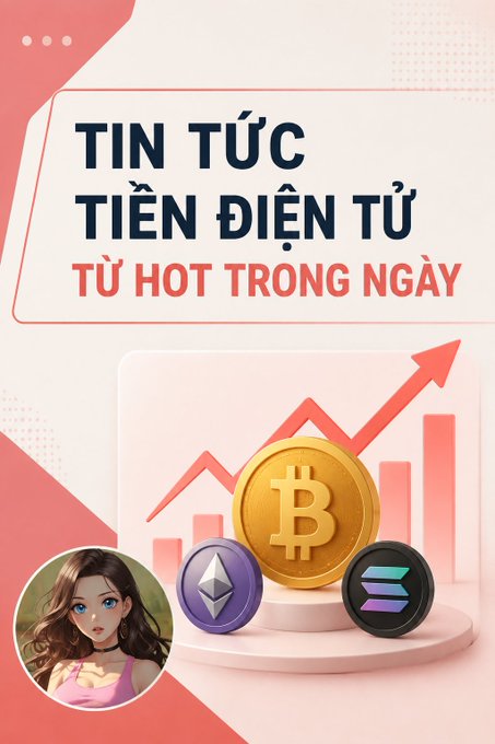 A Vietnamese crypto news thumbnail titled 'TIN TỨC TIỀN ĐIỆN TỬ TỪ HOT TRONG NGÀY' featuring Bitcoin, Ethereum, and Solana coin illustrations with an upward arrow trend and an anime-style avatar.