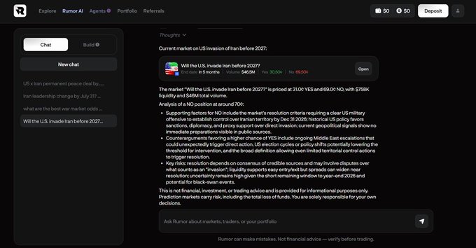 This image shows the @tryrumor platform, which offers an AI trading terminal for prediction markets, currently live with Polymarket. The screen displays analysis and pricing for a "Will the U.S. invade Iran before 2027?" market, with "No" priced at 69.50c.