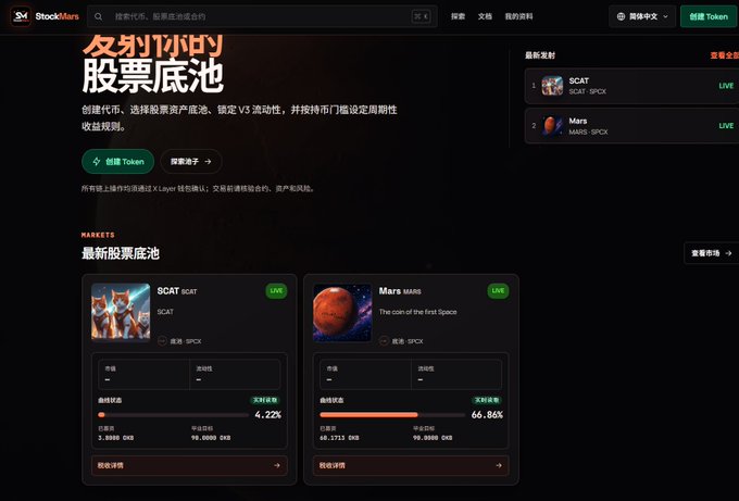A screenshot of a Stock.Mars stock pool interface (友列你的股票底池) displaying active markets like '$CAT SCAT' and 'Mars MARS', along with current prices, market caps, and real-time update percentages.