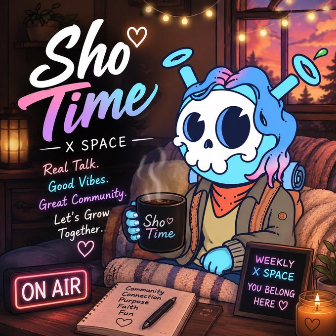 A promotional graphic for 'Sho Time x Space' featuring a cartoon skull character with blue and pink hair holding a mug; text includes 'Real Talk. Good Vibes. Great Community.' alongside an 'ON AIR' neon sign and a 'WEEKLY X SPACE YOU BELONG HERE' chalkboard.