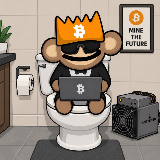 A cartoon monkey wearing an orange Bitcoin crown and sunglasses sits on a toilet with a Bitcoin-branded laptop, while an Antminer mining rig hums beside it—jokingly suggesting his "origin story" into Bitcoin was literally born on the toilet while mining crypto. A framed poster on the wall reads "MINE THE FUTURE," with "ANTMINER" labeled on the hardware.