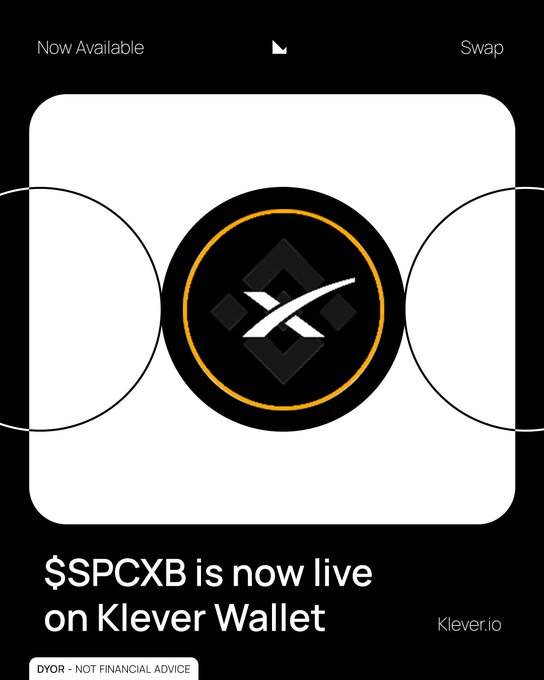 The image shows a poster with an advertisement for $SPCXB, which is now live on Klever Wallet. The poster features a black background with white text that reads "The wait is over. $SPCXB is now live on Klever Wallet". The poster also includes the name of the creator and a link to their financial advice.
