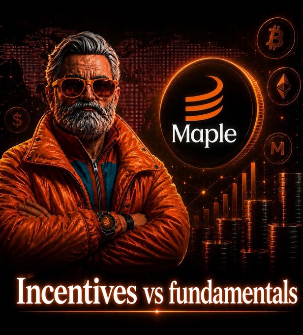 A bearded man in sunglasses and an orange puffer jacket stands confidently beside a glowing "Maple" coin, with Bitcoin, Ethereum, and Monero logos floating in the background along with stacked coins and a world map—visually reinforcing the post's message that Maple Finance's fundamentals (real borrowers, demand, and revenue) outlast short-term crypto incentives.
