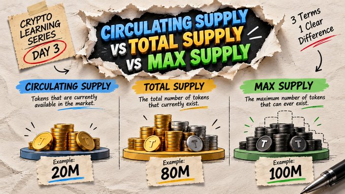 An educational infographic titled "CRYPTO LEARNING SERIES DAY 3" explaining the difference between "CIRCULATING SUPPLY vs TOTAL SUPPLY vs MAX SUPPLY," using coin stacks to illustrate examples of 20M, 80M, and 100M tokens.