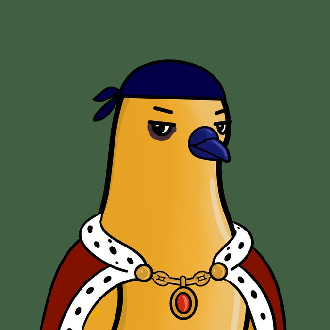 A cartoon illustration of a yellow bird character wearing a blue bandana, a gold chain with a red jewel, and a red royal cape, displaying a serious or unimpressed expression.