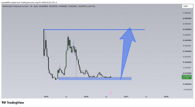 A TradingView weekly chart of PENGU/USDT Perpetual Contract on Bybit displays a clear double-bottom pattern with support around $0.0069 and a projected breakout toward the prior highs near $0.05, illustrated by a large blue arrow pointing upward to support the bullish thesis that $PENGU will revisit its highs.