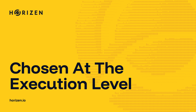 Yellow graphic for Horizen with the Horizen logo (top left), large faint '12' in the background, headline 'Chosen At The Execution Level', and website horizen.io at the bottom left.