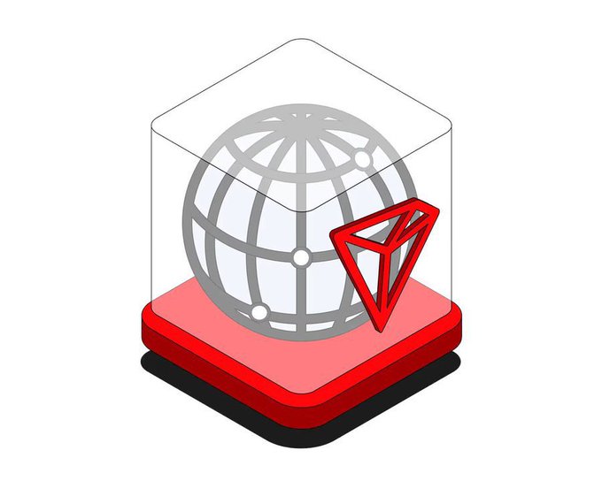 An icon depicting a wireframe globe encased in a transparent cube sitting on a red pedestal, with a red triangular Tron (TRX) symbol in the foreground, representing the Tron blockchain network.