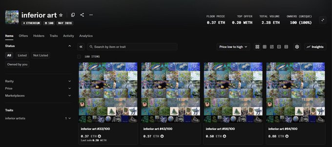 A screenshot of a website page displaying an assortment of small images arranged side-by-side with a watermark for @Jediwolf below them. The post is about Inferno art by @Jediwolf going free, which appears to be a collaborative project involving various artists from different parts of the world contributing their work towards a common goal.