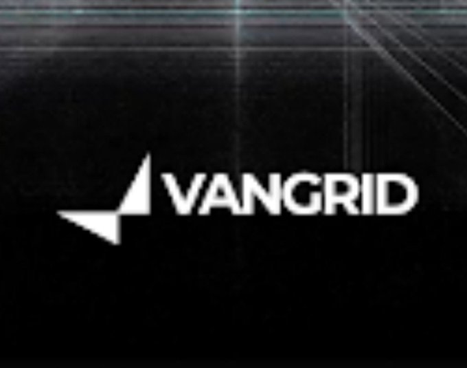 VANGRID logo with a stylized lightning bolt symbol displayed on a dark background with glitch/grid effects.