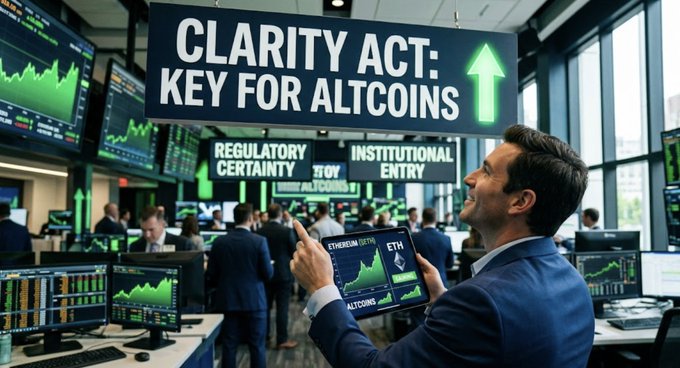 A man looks at a tablet displaying Ethereum (ETH) charts in a trading room with a large sign overhead proclaiming "CLARITY ACT: KEY FOR ALTCOINS." The image reflects the post's theme of potential altcoin surges due to the Clarity Act and institutional investor entry.