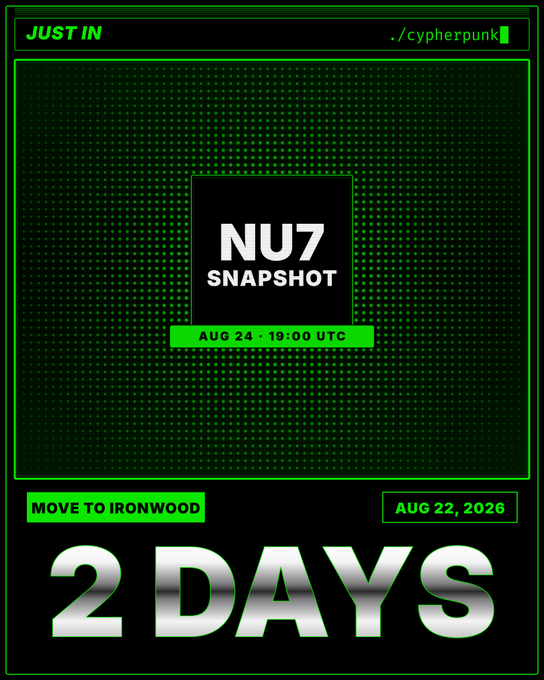 Green-styled promotional graphic reading "JUST IN" with text "NU7 SNAPSHOT AUG 24 · 19:00 UTC", "MOVE TO IRONWOOD", "AUG 22, 2026", and "2 DAYS" displayed prominently.