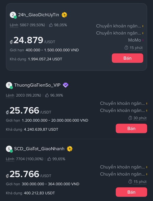 A cryptocurrency trading platform in Vietnamese showing USDT buy listings from sellers like 24h_GiaoDichUyTin and ThuongGiaTienSo_VIP, with prices around 24.879-25.766 USDT.
