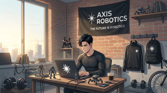 An anime-style illustration of a young man working on a laptop in a brick-walled room, with a banner reading 'AXIS ROBOTICS - THE FUTURE IS ROBOTICS' behind him and various robot figures around the room.